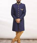 Navy blue hand embroidered art silk sherwani for men