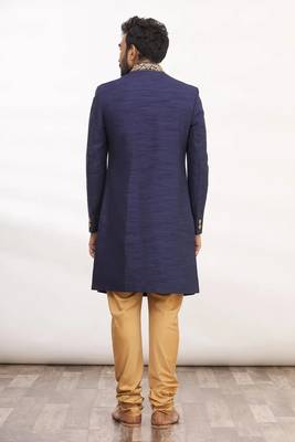 Navy blue hand embroidered art silk sherwani for men 2