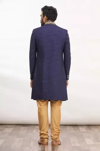 Navy blue hand embroidered art silk sherwani for men