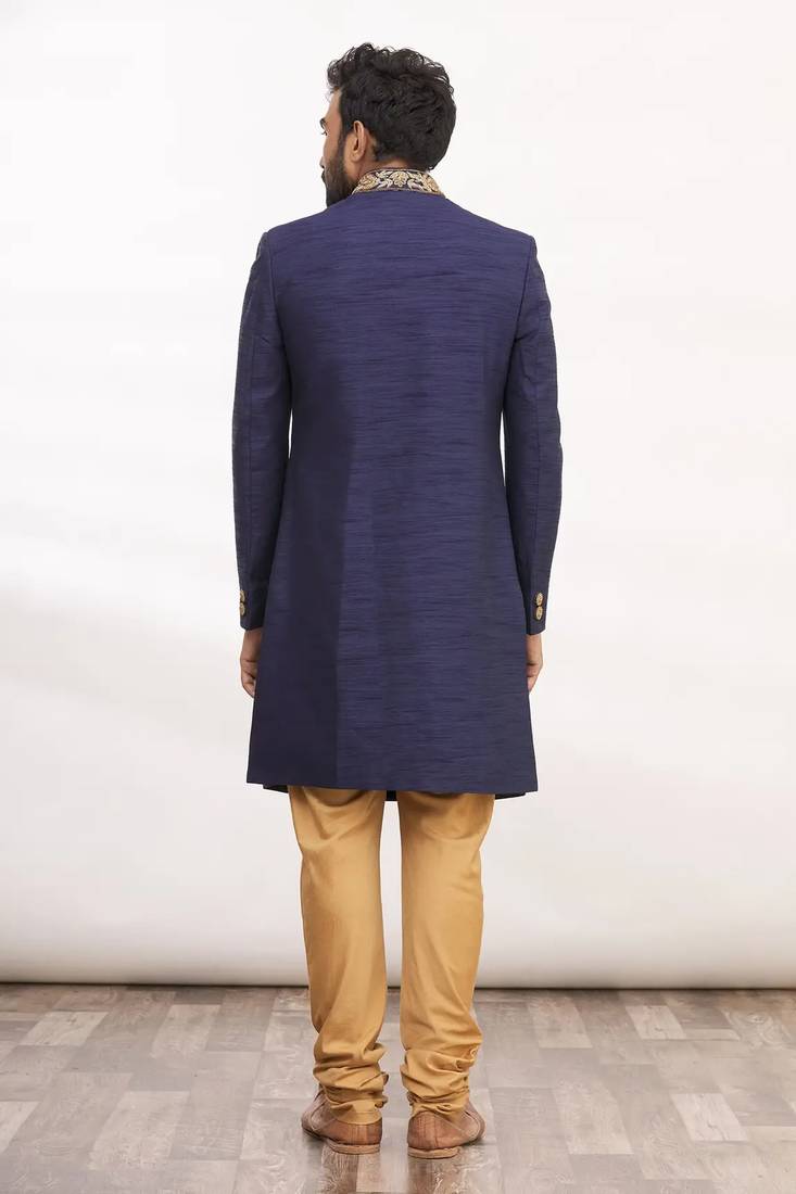 Navy blue hand embroidered art silk sherwani for men