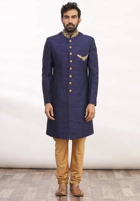 Navy blue hand embroidered art silk sherwani for men 3