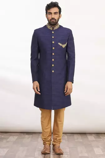 Navy blue hand embroidered art silk sherwani for men