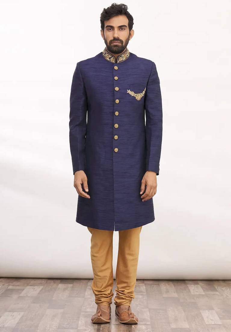 Navy blue hand embroidered art silk sherwani for men
