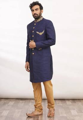 Navy blue hand embroidered art silk sherwani for men 4