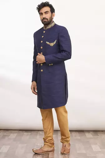 Navy blue hand embroidered art silk sherwani for men