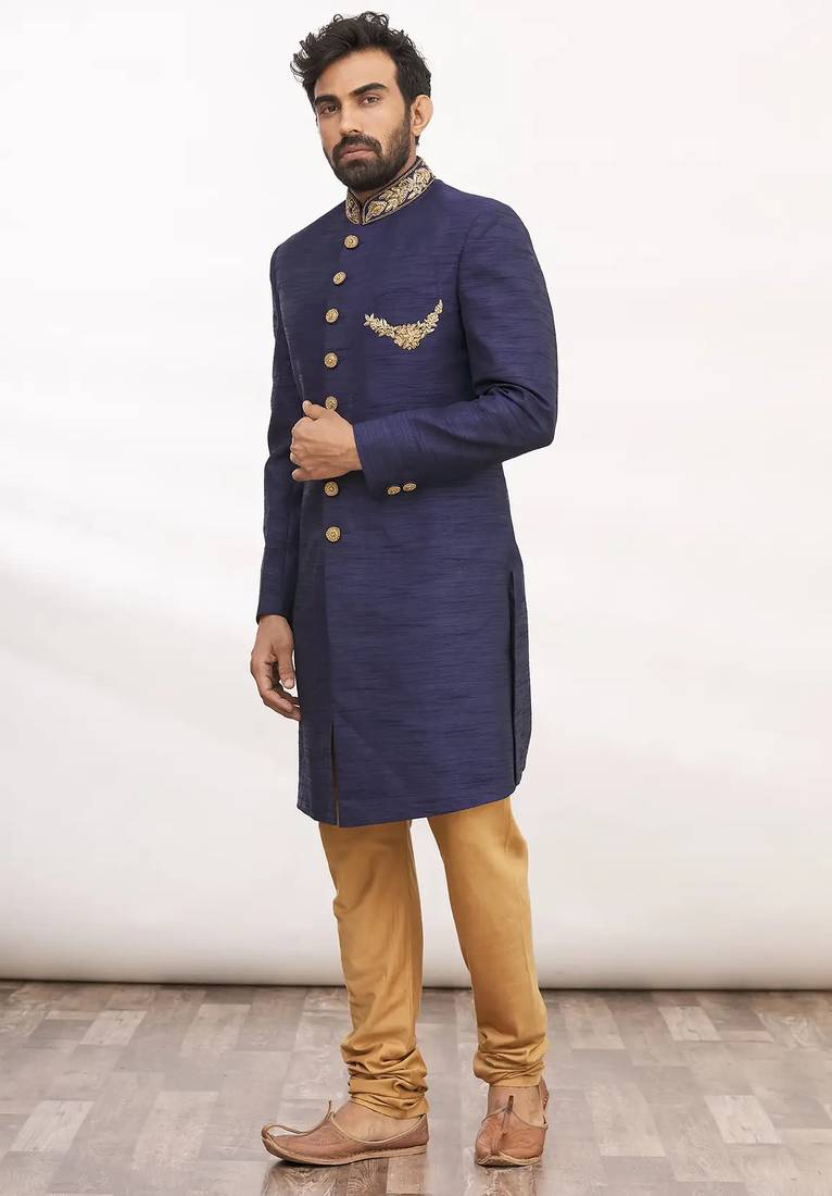 Navy blue hand embroidered art silk sherwani for men