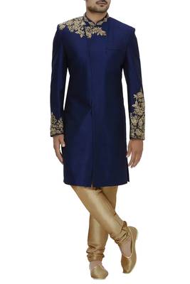 Navy blue hand embroidered art silk sherwani for men 1