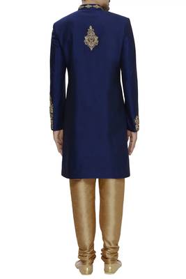 Navy blue hand embroidered art silk sherwani for men 2