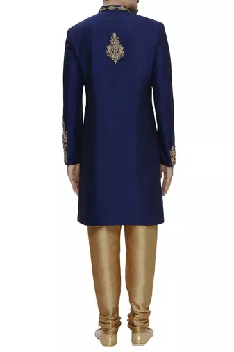 Navy blue hand embroidered art silk sherwani for men