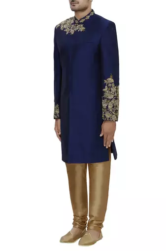 Navy blue hand embroidered art silk sherwani for men