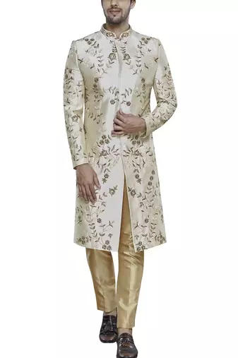 Light fawn yellow hand embroidered art silk sherwani for men