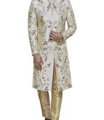 Light fawn yellow hand embroidered art silk sherwani for men