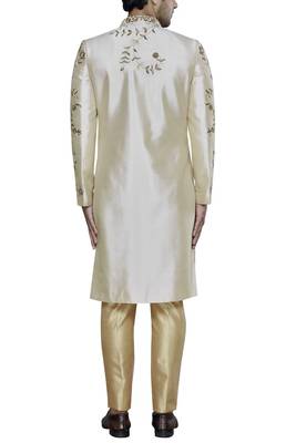 Light fawn yellow hand embroidered art silk sherwani for men 2