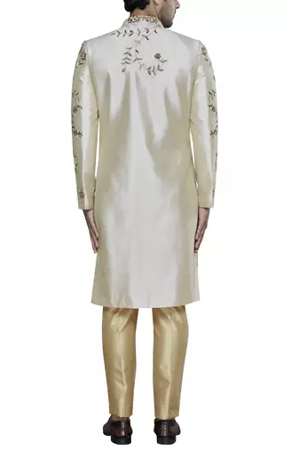 Light fawn yellow hand embroidered art silk sherwani for men