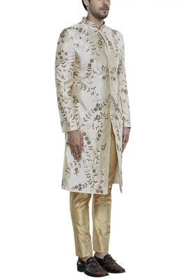 Light fawn yellow hand embroidered art silk sherwani for men 3