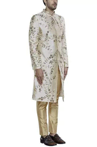 Light fawn yellow hand embroidered art silk sherwani for men