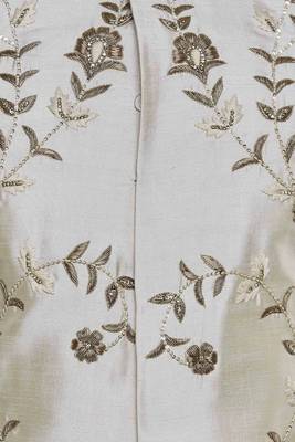 Light fawn yellow hand embroidered art silk sherwani for men 4