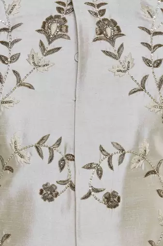 Light fawn yellow hand embroidered art silk sherwani for men