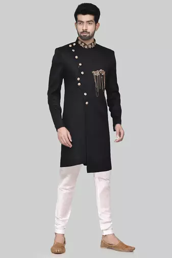 Black hand embroidered teri rayon sherwani for men