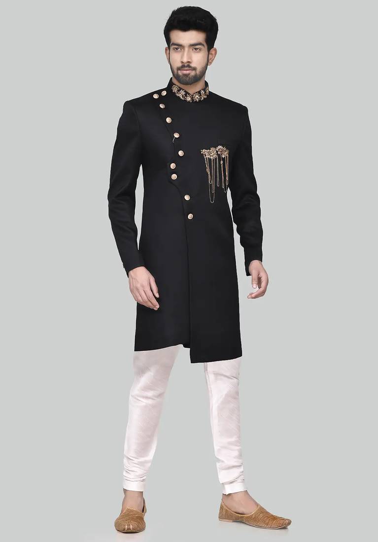 Black hand embroidered teri rayon sherwani for men