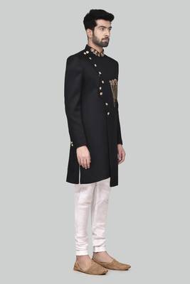 Black hand embroidered teri rayon sherwani for men 3