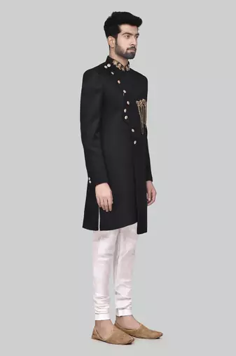Black hand embroidered teri rayon sherwani for men