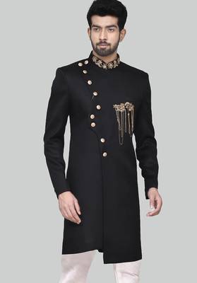Black hand embroidered teri rayon sherwani for men 4
