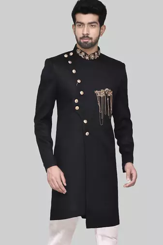 Black hand embroidered teri rayon sherwani for men