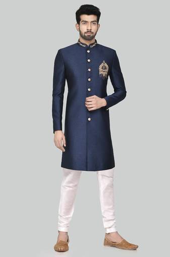 Navy blue hand embroidered teri rayon sherwani for men