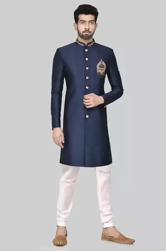 Navy blue hand embroidered teri rayon sherwani for men