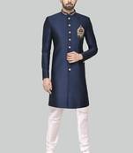 Navy blue hand embroidered teri rayon sherwani for men