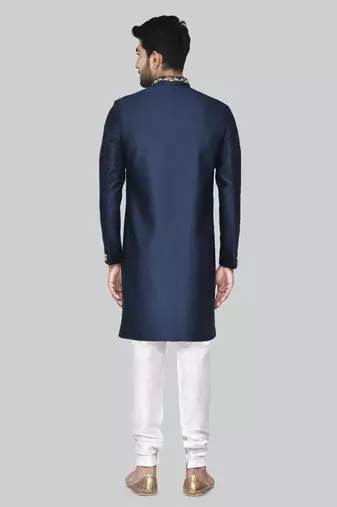 Navy blue hand embroidered teri rayon sherwani for men