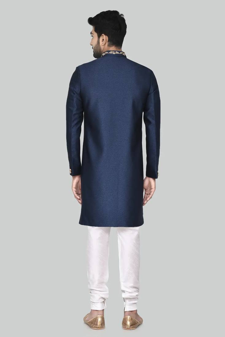 Navy blue hand embroidered teri rayon sherwani for men