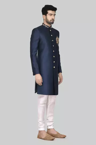 Navy blue hand embroidered teri rayon sherwani for men