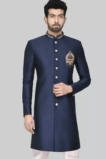 Navy blue hand embroidered teri rayon sherwani for men