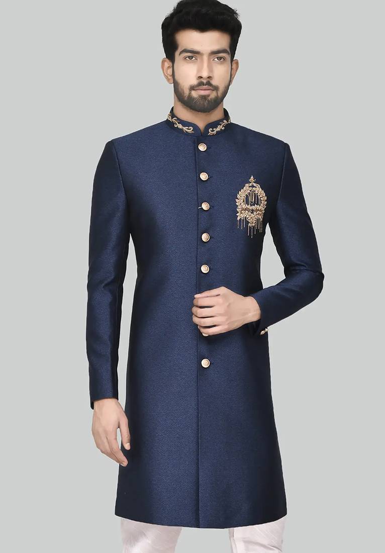 Navy blue hand embroidered teri rayon sherwani for men