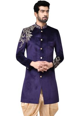 Navy blue hand embroidered velvet sherwani for men 1