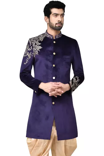 Navy blue hand embroidered velvet sherwani for men