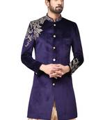 Navy blue hand embroidered velvet sherwani for men