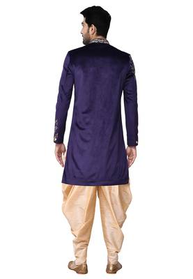 Navy blue hand embroidered velvet sherwani for men 2