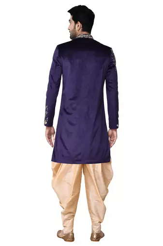 Navy blue hand embroidered velvet sherwani for men