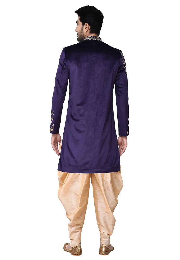 Navy blue hand embroidered velvet sherwani for men