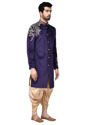 Navy blue hand embroidered velvet sherwani for men 3
