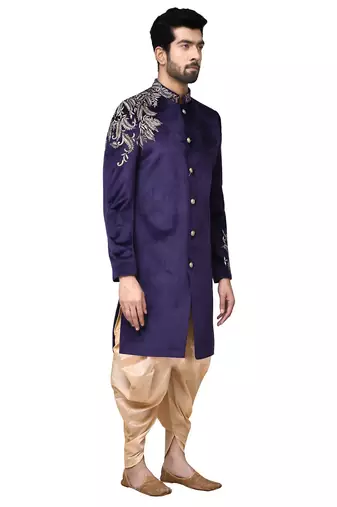 Navy blue hand embroidered velvet sherwani for men