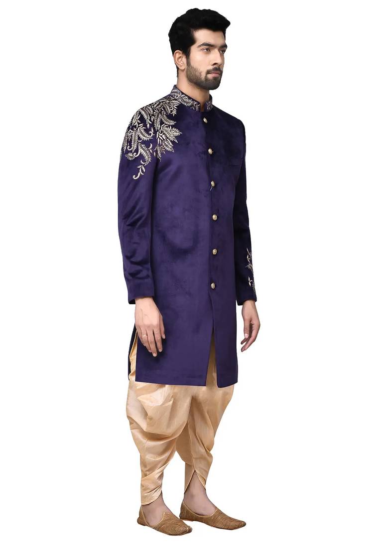 Navy blue hand embroidered velvet sherwani for men