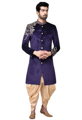 Navy blue hand embroidered velvet sherwani for men 4