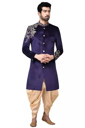 Navy blue hand embroidered velvet sherwani for men