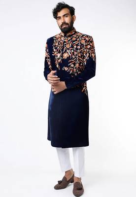 Navy blue hand embroidered velvet sherwani for men 1