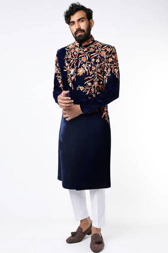 Navy blue hand embroidered velvet sherwani for men