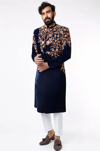 Navy blue hand embroidered velvet sherwani for men